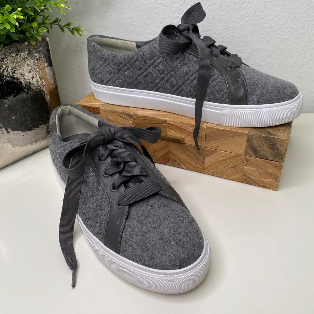 Tory Burch Marion Gray Quilted Fabric Sneakers Ribbon Laces Women's Size 9.5M